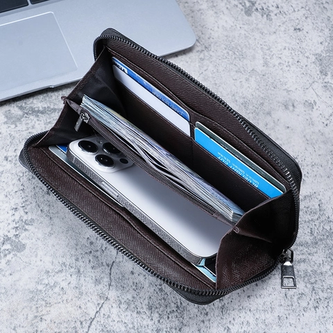 Cartera Larga Hombre Cremallera Cuero Sintético Gran Capacidad Tarjetas Bolso Mano Negocios Minimalista