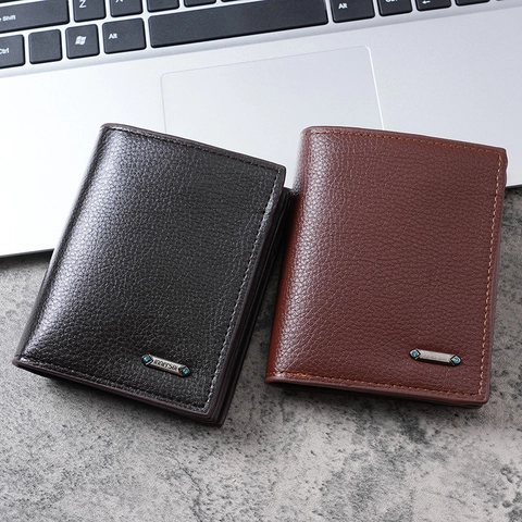 Men's PU Leather Vertical Short Wallet Business Casual Litchi Pattern Bifold Money Clip With Multi Card Slots Metal Decor Purse