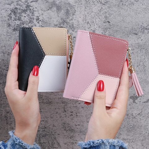 Womens Patchwork Short Wallet PU Leather Bifold Purse With Tassel Color Block Card Holder And Coin Pocket Korean Style Fashion