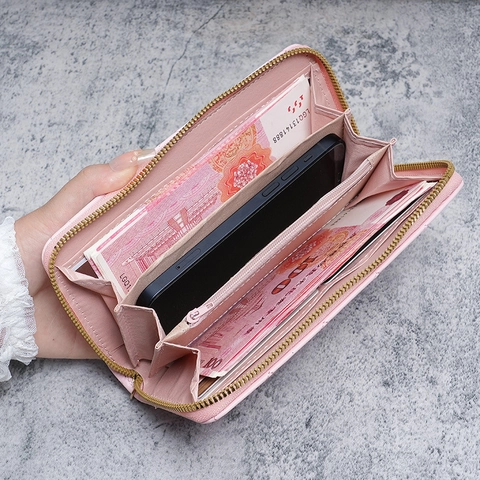 Portefeuille Long pour Femme en Cuir PU Matelassé Losange Pochette avec Bracelet Sac de Téléphone avec Décoration Fleur en Métal et Fermeture Éclair
