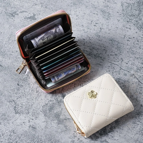 Women Quilted Card Holder PU Leather Accordion Multi Slot Wallet Zipper Small Purse Flower Decor Elegant