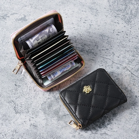 Women Quilted Card Holder PU Leather Accordion Multi Slot Wallet Zipper Small Purse Flower Decor Elegant