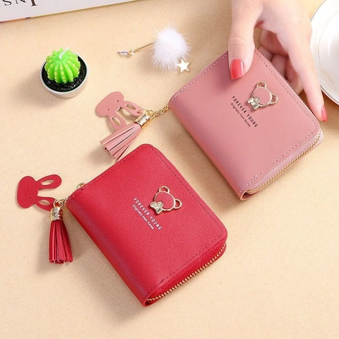 Women Cute Bear Short Wallet PU Leather Tassel Zipper Coin Purse Mini Card Holder Korean Style For Girls Daily Gift