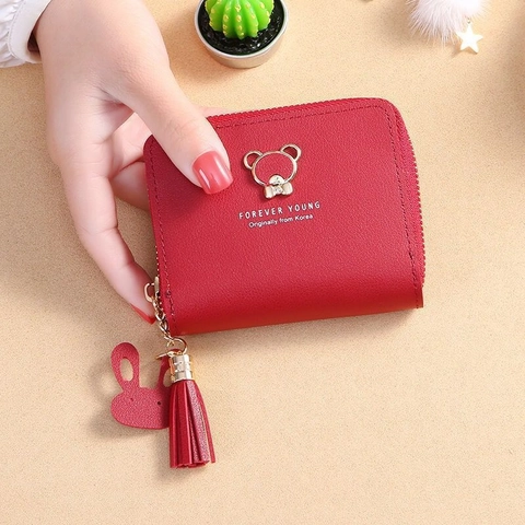 Cartera Corta Pequeña Para Mujer Con Cremallera Cuero PU Oso Lindo Borla Colgante De Conejo Portatarjetas Monedero Estudiante