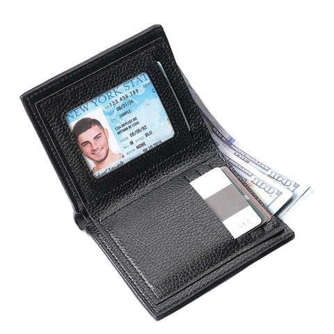 Cartera Para Hombre Cuero PU Textura Lichi Bifold Delgada Negocios Corta Monedero Con Bolsillo Con Cremallera Ranuras Para Tarjetas Informal