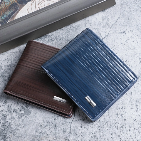 Cartera Corta Plegable Para Hombre Cuero PU Textura Grano Madera Ranuras Tarjetas Bolsillo Monedas Cremallera