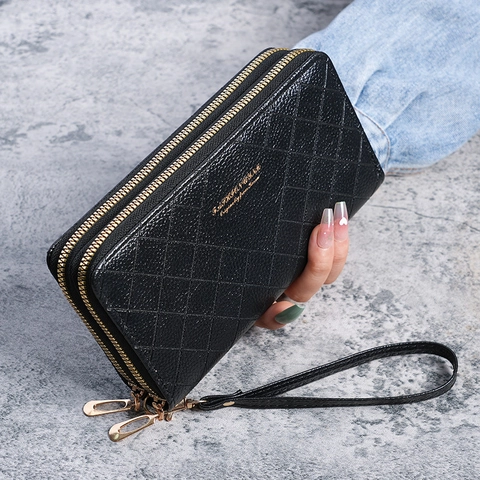 Portefeuille Long Femme Cuir PU Double Fermeture Éclair Grande Capacité Motif Losanges Matelassés Pochette Avec Dragonne