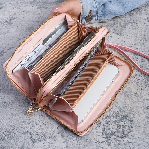 Portefeuille Long Femme Cuir PU Double Fermeture Éclair Grande Capacité Motif Losanges Matelassés Pochette Avec Dragonne