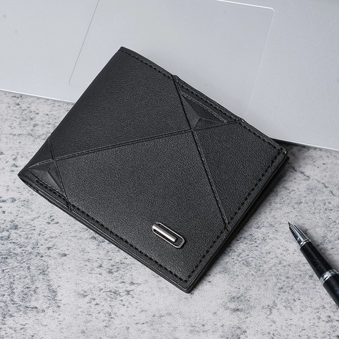 Men Short Bifold Wallet PU Leather Thin Multi Card Slots Business Casual Money Clip With Metal Decor