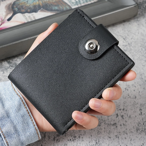 Cartera Bifold Para Hombre Cuero PU Textura Litchi Botón A Presión Corto Portatarjetas Negocios Casual