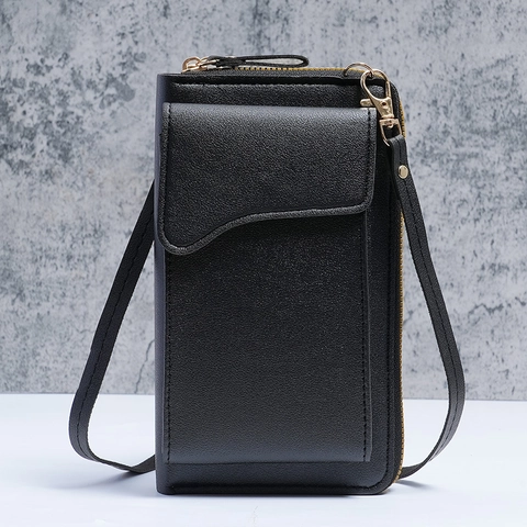 Women's PU Leather Mobile Phone Crossbody Bag Solid Color Long Wallet With Multi Card Slots And Gold Zipper Mini Shoulder Bag