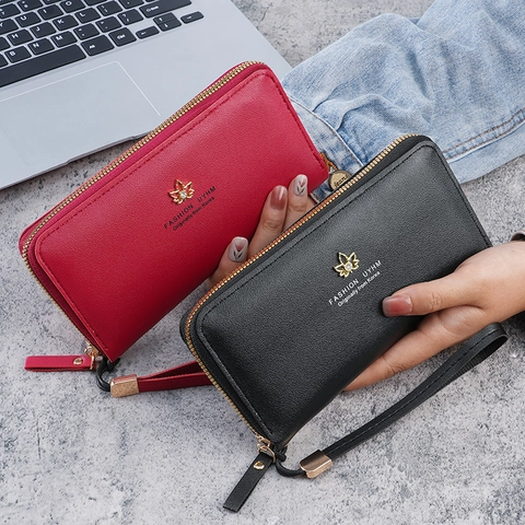 Fashion Women Long Zipper Wallet Large Capacity Synthetic Leather Purse With Wrist Strap Solid Color Korean Style Wallet