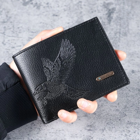 Herren Geldbörse PU Leder Litchi Struktur Adler Prägung Kurz Kartenhalter Business Casual Metallplatte Portemonnaie