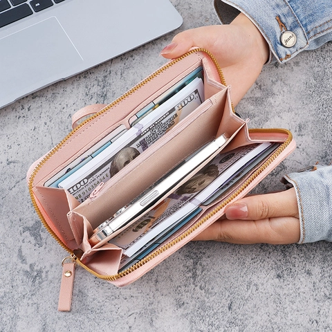 Fashion Women Long Zipper Wallet Large Capacity Synthetic Leather Purse With Wrist Strap Solid Color Korean Style Wallet