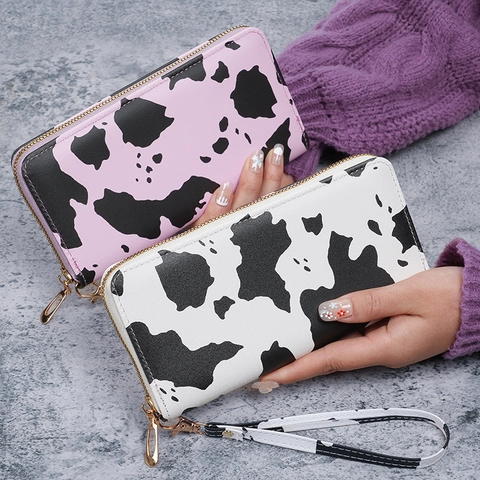 Damen Mode Kuhmuster PU-Leder Lange Geldbörse Multifunktionale Reißverschluss Clutch Tasche Mit Handschlaufe Für Bargeld Karte Handy