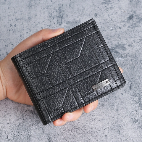 Men's Fashion Short Bi-fold Wallet PU Leather Geometric Grid Pattern Multi Card Slots Business Casual Purse With Metal Detail