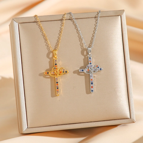 Collana Con Ciondolo A Croce Cuore Intrecciato Placcato Oro Acciaio Inossidabile Zircone Multicolore Gioielli Moda Donna
