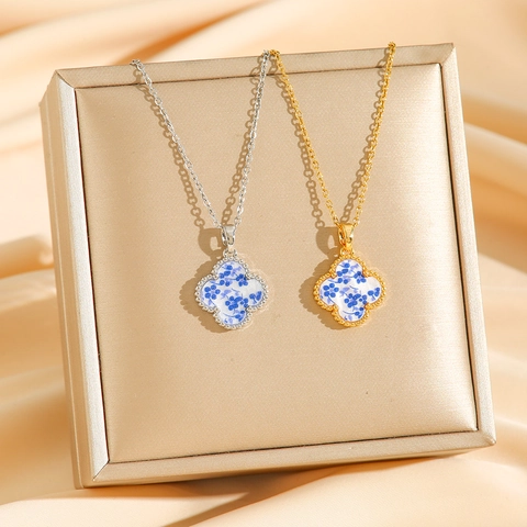 Four Leaf Clover Pendant Necklace Titanium Steel Blue Floral Porcelain Pattern Elegant Jewelry For Women