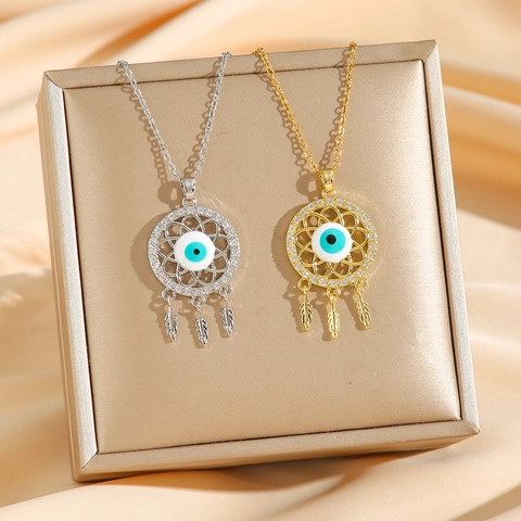 Böhmische Evil Eye Traumfänger Anhänger Halskette Edelstahl Zirkonia Feder Schmuck Für Damen