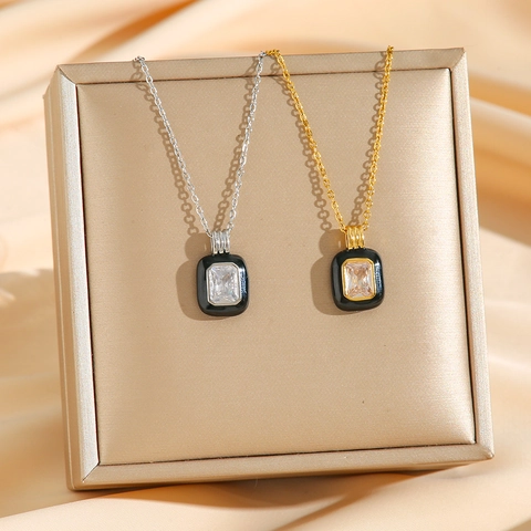 Collana Con Pendente Rettangolare Geometrico Acciaio Inossidabile Zircone Smalto Catena Clavicola Gioielli Donna