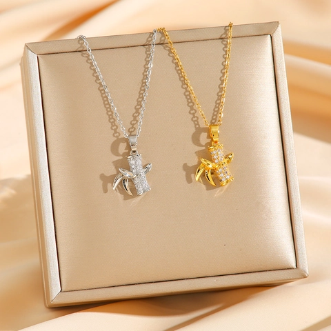 Bamboo Joint Pendant Necklace Stainless Steel Full Rhinestone Elegant Clavicle Chain Jewelry For Women