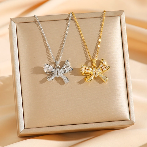 Bowknot Pendant Necklace Titanium Steel With Sparkling Zircon Delicate Clavicle Chain Elegant Style For Women