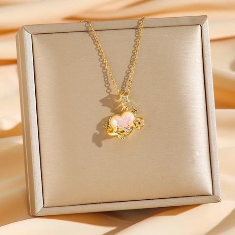 Collar Con Colgante De Corazón Y Rosa Acero De Titanio Piedra De Color Cambiante Estrella Circón Joyería Para Mujer