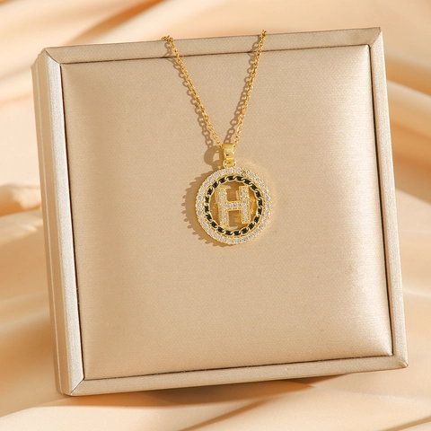 Collar Con Colgante Letra H Moda Acero De Titanio Diamantes De Imitación Medalla Redonda Joyería Para Mujeres Elegante