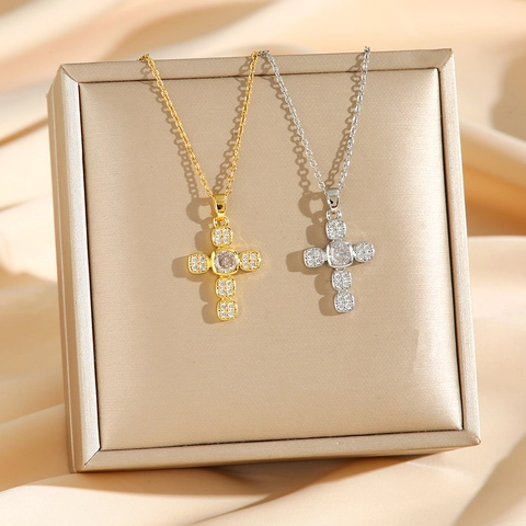 Cross Pendant Necklace Stainless Steel Full Zircon Sparkling Square Geometric Elegant Fashion Jewelry For Women