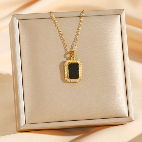 Geometric Rectangle Pendant Necklace Stainless Steel 18K Gold Plated Black Enamel Zircon Inlaid Clavicle Chain For Women