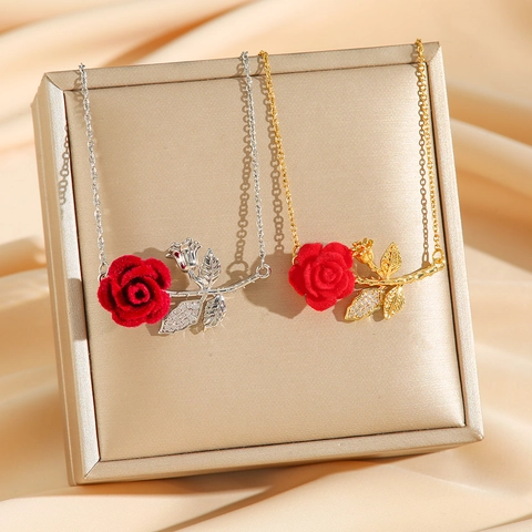 Collana Con Pendente Rosa Rossa Floccata Per Donna Romantico Francese Acciaio Al Titanio Zircone Incrostato Catena Clavicola