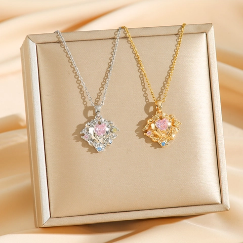 Oceaanhart Hanger Ketting Roze Zirkoon Hart Titanium Staal Sleutelbeenketting Voor Vrouwen Fonkelend Premium Elegant