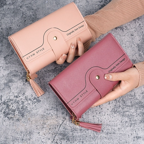 Damen Geldbörse Lang PU-Leder Dreifach Gefaltet Große Kapazität Kartenhalter Handyfach Mit Quaste Wellenmuster Elegant
