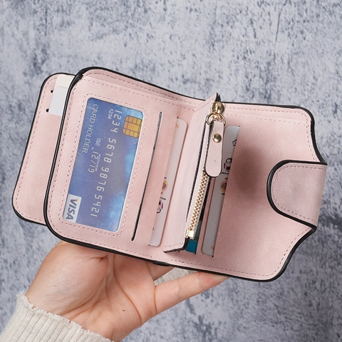 Petit Portefeuille Pour Femmes En Cuir PU Mat Multiples Emplacements Cartes Poche Monnaie Rétro Simple Fermeture Pression