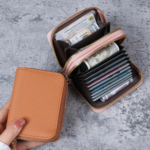 Women PU Leather Card Holder Wallet Double Zipper Accordion Card Case Litchi Grain Large Capacity ID Slot Organizer