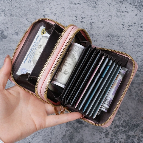 Women PU Leather Card Holder Wallet Double Zipper Accordion Card Case Litchi Grain Large Capacity ID Slot Organizer