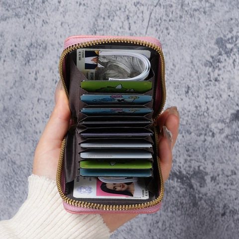 Compact Litchi Grain PVC Synthetic Leather Card Holder Wallet With Metal Zipper Multi Slot Accordion Pocket For Women Men