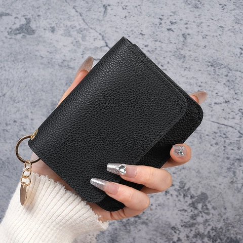 Women's Mini Litchi Grain PVC Leather Short Wallet Minimalist Multi Card Holder Coin Purse With Round Metal Pendant