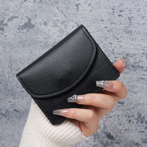 Women Minimalist PU Leather Short Wallet Litchi Pattern Card Holder Small Coin Purse With Snap Button Portable ID Window Wallet