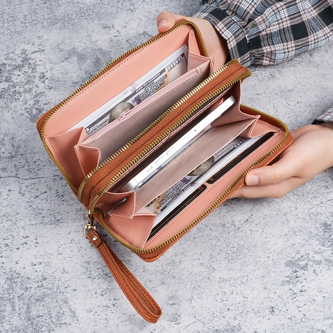 Women's Fashion Long Wallet Synthetic Leather Double Zipper Large Capacity Clutch Purse With Wrist Strap For Phone Cards
