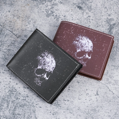 Herren Vintage Totenkopf Druck Brieftasche PU-Leder Kurz Kartenhalter Geldbeutel Mit Kontrastnähten Distressed Street Style Wallet