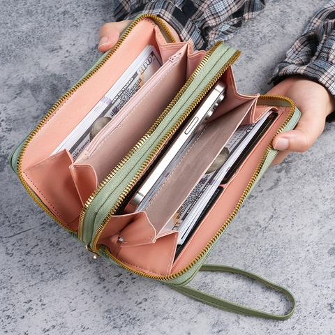 Damen Lange Geldbörse Doppelreißverschluss Große Kapazität Geometrisch Gesteppt Kunstleder Clutch Handytasche Mit Handschlaufe Eleganter Geldbeutel