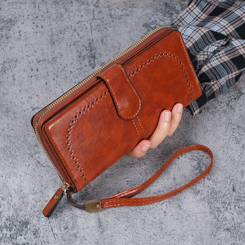 Women's Vintage Long Wallet Hollow Out PU Leather Large Capacity Zipper Clutch With Wristlet Card Holder Phone Pocket Purse