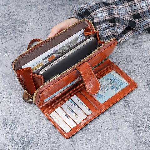 Women's Vintage Long Wallet Hollow Out PU Leather Large Capacity Zipper Clutch With Wristlet Card Holder Phone Pocket Purse