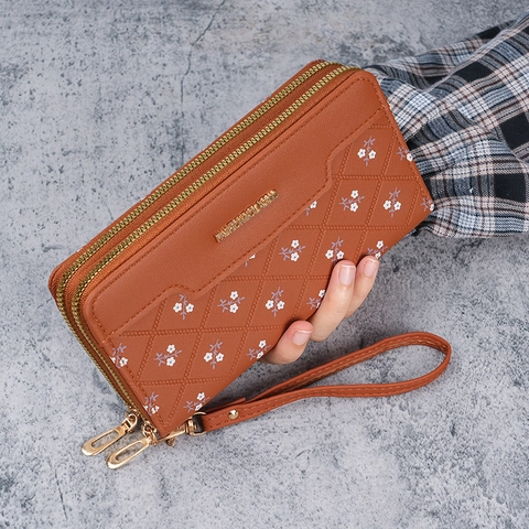 Damen Floral Lange Geldbörse Gesteppt Doppelter Reißverschluss Handtasche Mit Handschlaufe Große Kapazität Kartenhalter