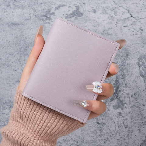 Women's Slim PVC Card Holder Wallet With Lychee Texture Multi-Slot ID Window Minimalist Bi-Fold Mini Purse For Daily Travel