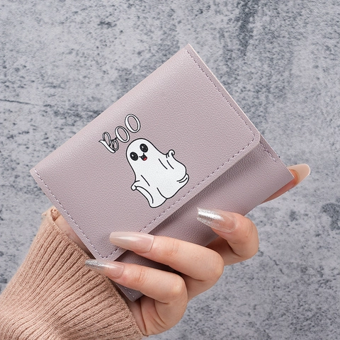 Women Short Tri Fold Wallet Cartoon Ghost Print PVC Leather Slim Purse Multi Card Slot Mini Money Bag Halloween Gift