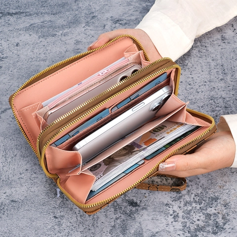 Women Long Double Zipper Wallet PU Leather Heart Print Large Capacity Clutch Phone Bag Multi-Functional Organizer With Wristlet