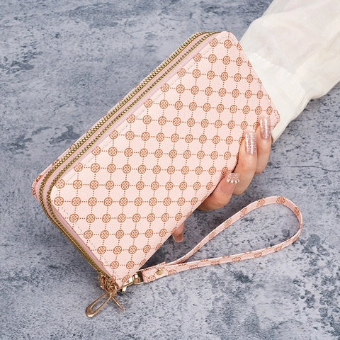 Portafoglio Lungo Da Donna Doppia Cerniera Pochette In Pelle PU Stampa Floreale Grande Capacità Con Cinturino Da Polso