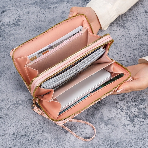 Portafoglio Lungo Da Donna Doppia Cerniera Pochette In Pelle PU Stampa Floreale Grande Capacità Con Cinturino Da Polso